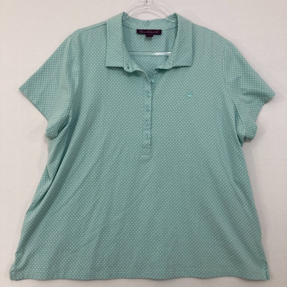 Gloria Vanderbilt size 1X Blue White Polka Dot Short Sleeve Stretch Top Preppy